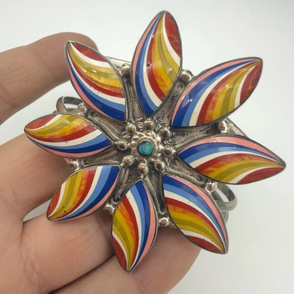 Vtg Sterling Silver Multi Stone Inlay Large Flower Cuff Bracelet One of a Kind